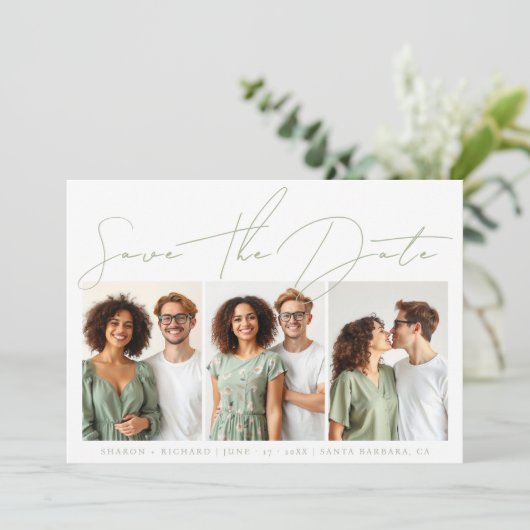 Sage groen script kalligrafie 3 fotocollage save the date (Staand voorkant)