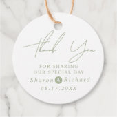 Sage groen script kalligrafie Dank u bruiloft Bedankjes Labels (Voorkant)