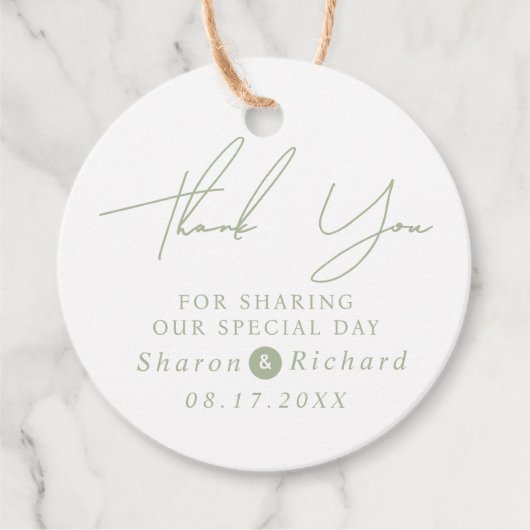 Sage groen script kalligrafie Dank u bruiloft Bedankjes Labels (Voorkant)