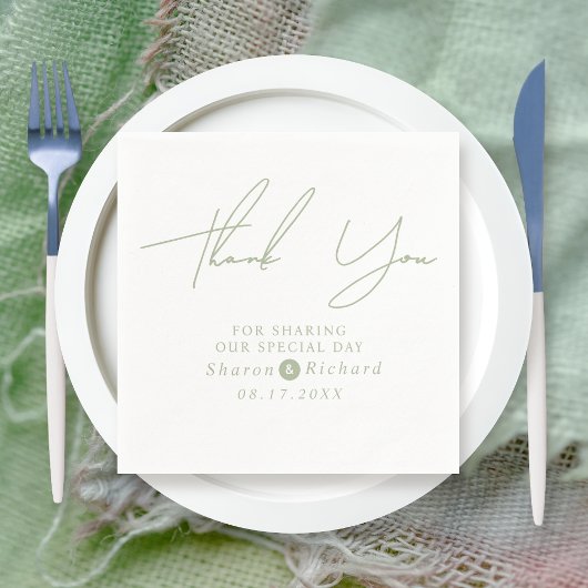 Sage groen script kalligrafie Dank u bruiloft Servet