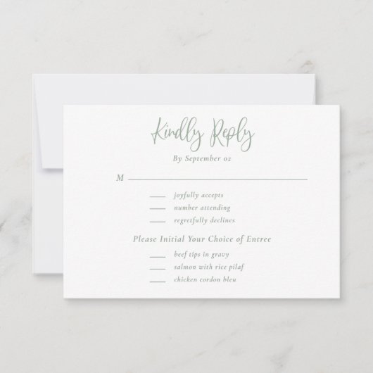 Sage Groen Script Typografie Floral Menu RSVP (Voorkant)