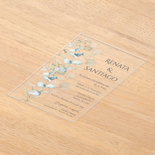 Sage groen Spaans bruiloft Acryl Uitnodigingen (Laagn)