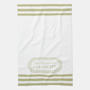 Sage Groen Sportieve Strepen Patroon Monogram Theedoek