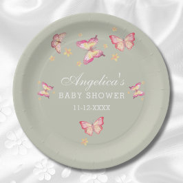 Sage Groen Stoffig Roze Perzik Vlinder Baby shower Papieren Bordje