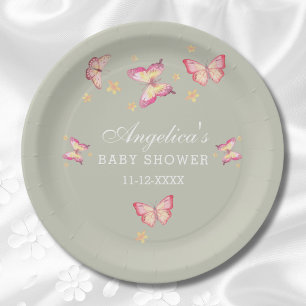 Sage Groen Stoffig Roze Perzik Vlinder Baby shower Papieren Bordje