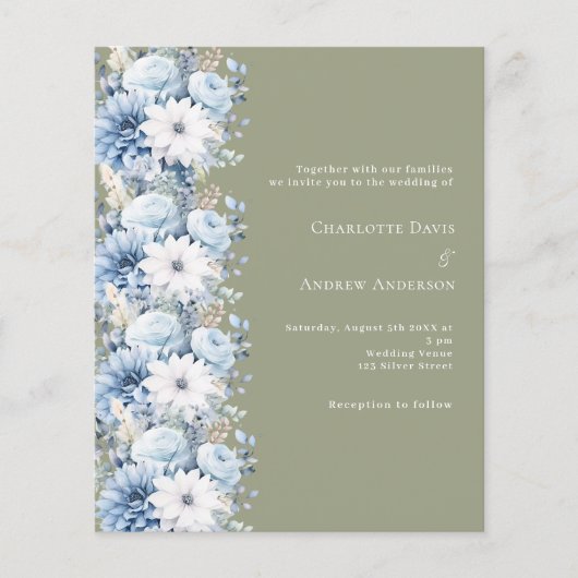 Sage groen stoffige blauwe bloemen bruiloft uitnod (Voorkant)