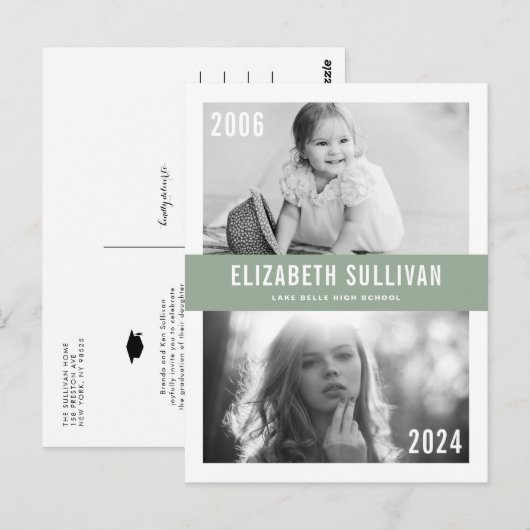 Sage Groen Toen en Nu Foto Collage Afstuderen Briefkaart (Voorkant / Achterkant)