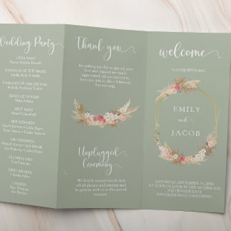 Sage groen Trifold bloemenbruiloft programma Flyer