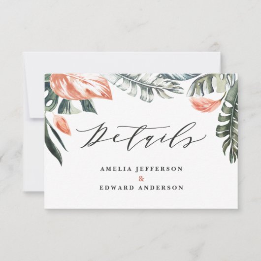 Sage groen tropisch gebladerte bruiloft details ka RSVP kaartje (Voorkant)