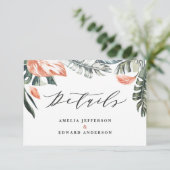 Sage groen tropisch gebladerte bruiloft details ka RSVP kaartje (Staand voorkant)