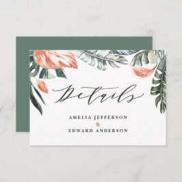 Sage groen tropisch gebladerte bruiloft details ka RSVP kaartje