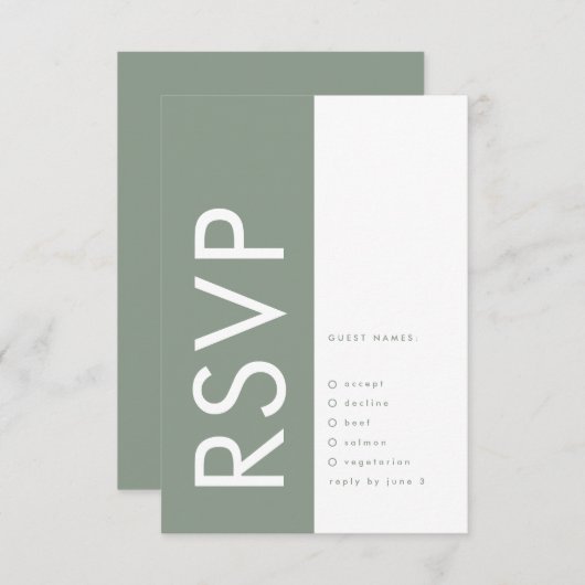 Sage Groen Ultra Moderne Bruiloft RSVP Kaartje (Voorkant / Achterkant)