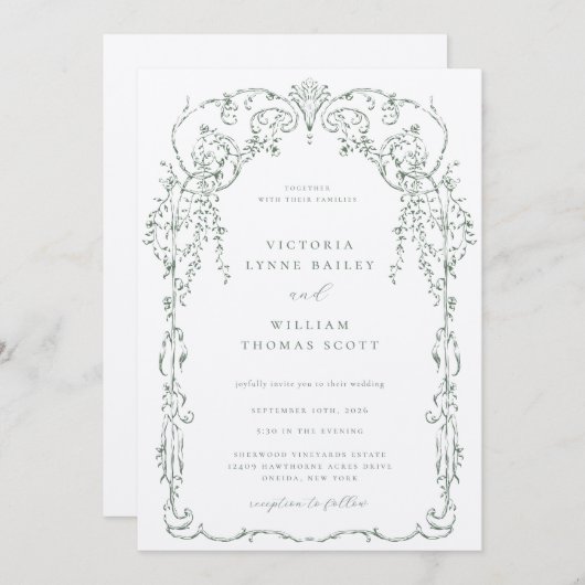 Sage Groen Victoriaans Lijst Bruiloft Kaart (Voorkant / Achterkant)