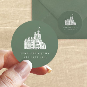 Sage Groen Vintage Kasteel Bestemming Trouwen Ronde Sticker
