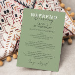 Sage Groen Weekend Verjaardag Uitnodiging<br><div class="desc">Sage Green Moderne Kalligrafische Weekend planning tijdlijn. Het ontwerp heeft een elegante tekstindeling in moderne stijl. Als u geavanceerde wijzigingen wilt aanbrengen,  selecteert u onder Deze sjabloon personaliseren de optie "Klik om verder aan te passen".</div>