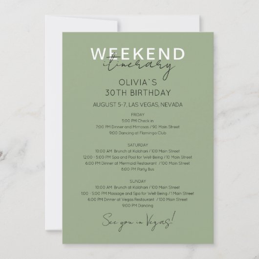 Sage Groen Weekend Verjaardag Uitnodiging (Voorkant)