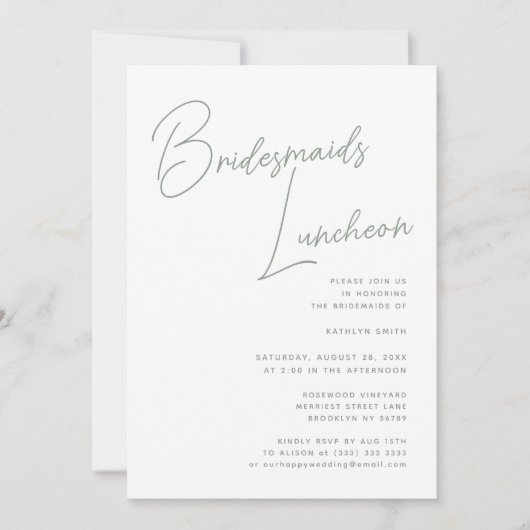 Sage Groen Whimsical Script Bruidsmeisjes Luncheon Kaart (Voorkant)
