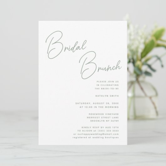 Sage Groen Whimsical Script Chique Bridal Brunch Kaart (Staand voorkant)