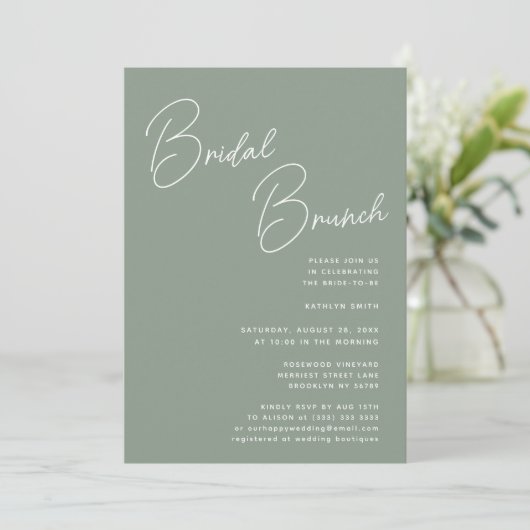Sage Groen Whimsical Script Chique Bridal Brunch Kaart (Staand voorkant)