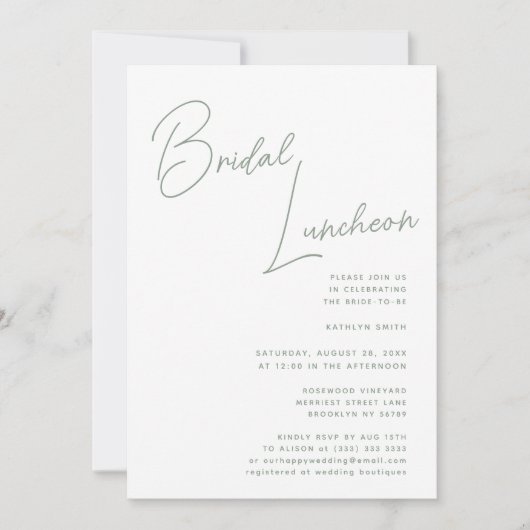 Sage Groen Whimsical Script Chique Bridal Luncheon Kaart (Voorkant)