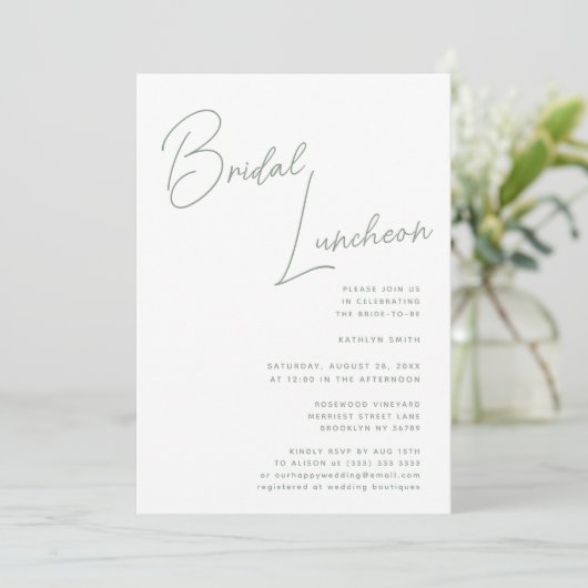 Sage Groen Whimsical Script Chique Bridal Luncheon Kaart (Staand voorkant)