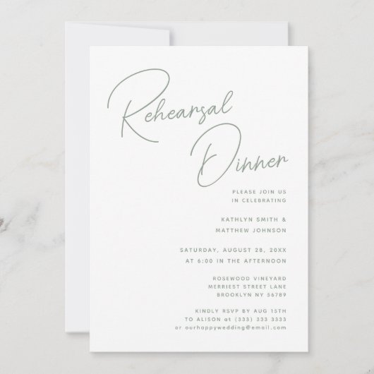 Sage Groen Whimsical Script Chique repetitie diner Kaart (Voorkant)