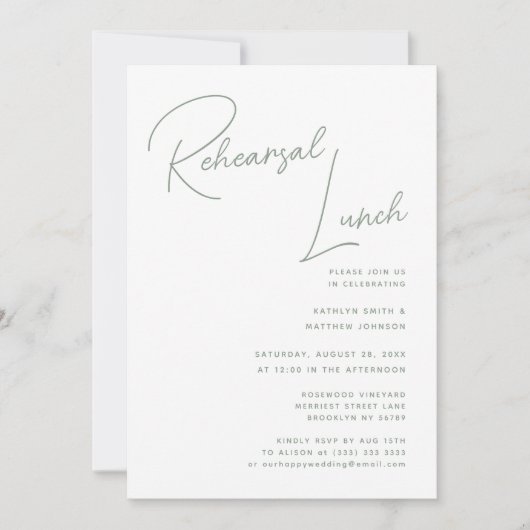Sage Groen Whimsical Script Chique Repetitie Lunch Kaart (Voorkant)