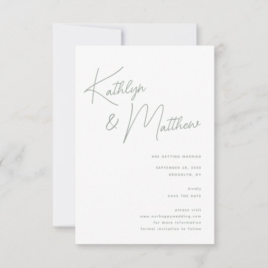 Sage Groen Whimsical Script Minimalistisch Modern Save The Date (Voorkant)