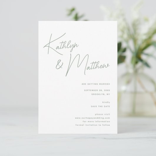 Sage Groen Whimsical Script Minimalistisch Modern Save The Date (Staand voorkant)