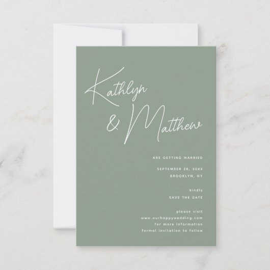 Sage Groen Whimsical Script Minimalistisch Modern Save The Date (Voorkant)
