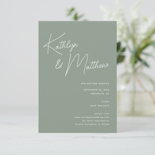 Sage Groen Whimsical Script Minimalistisch Modern Save The Date (Staand voorkant)