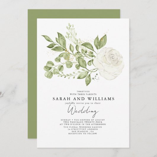 Sage Groen Wit Bloemen Boho Bruiloft Kaart (Voorkant / Achterkant)