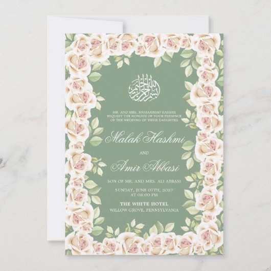 Sage Groen Wit Bloemen Islamitisch Moslim Bruiloft Kaart (Voorkant)