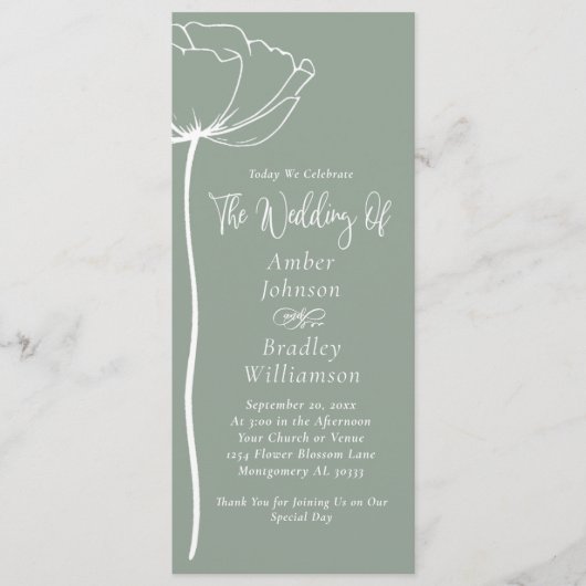 Sage Groen Wit Bloemen Moderne Minimale Bruiloft Programmakaart (Voorkant)