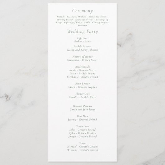 Sage Groen Wit Bloemen Moderne Minimale Bruiloft Programmakaart (Achterkant)