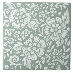  Sage Groen Wit Bloemen Ontwerp Tegeltje