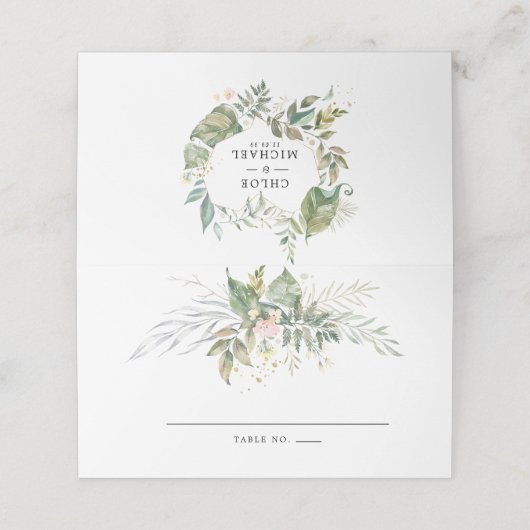 Sage Groen Wit Botanische Bruiloft Plaatskaartje (Buitenkant ongevouwen)
