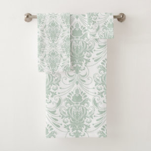 Sage Groen Wit Damask Patroon Bad Handdoek
