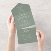 sage - groen wit , elegant script bruiloft all in one uitnodiging (Afscheurbaar)