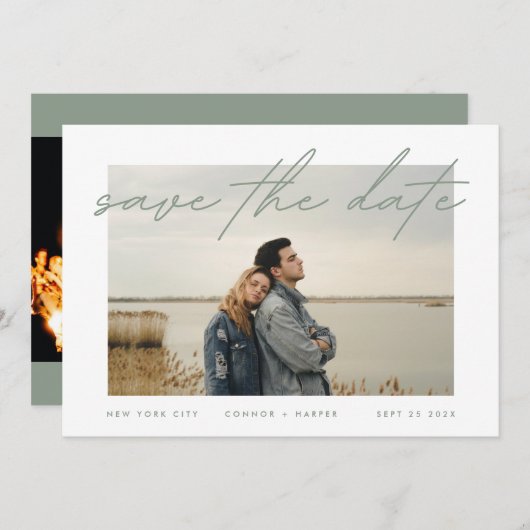 Sage Groen Wit Elegante Border Foto Save The Date (Voorkant / Achterkant)