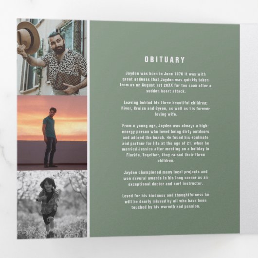 Sage groen wit Funeral service aangepaste foto's Drieluik Programma (Binnenzijde eerst)