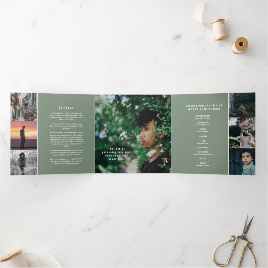 Sage groen wit Funeral service aangepaste foto's Drieluik Programma (Binnen)