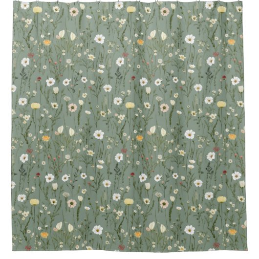 Sage Groen Wit Geel Wildbloemen Boho Trendy Douchegordijn (Voorkant)