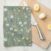 Sage Groen Wit Geel Wildbloemen Boho Trendy Theedoek (Quarter Fold)