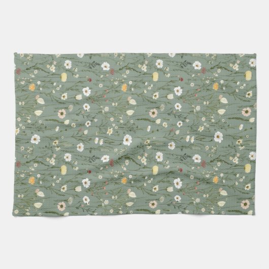 Sage Groen Wit Geel Wildbloemen Boho Trendy Theedoek (Horizontaal)