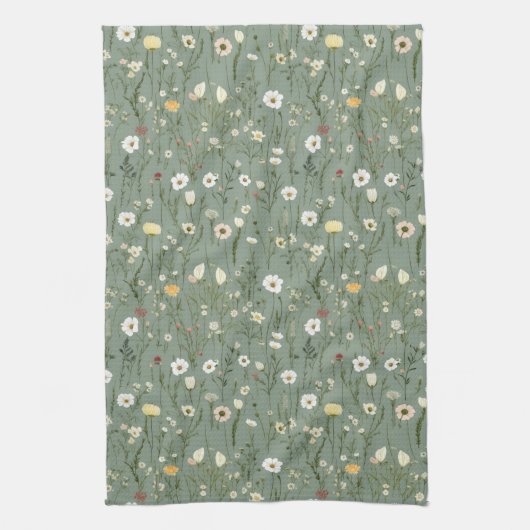 Sage Groen Wit Geel Wildbloemen Boho Trendy Theedoek (Verticaal)