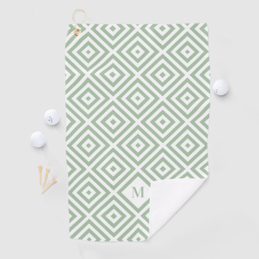 Sage Groen Wit Geometrisch Patroon Monogram Golfhanddoek (Insitu)