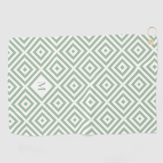 Sage Groen Wit Geometrisch Patroon Monogram Golfhanddoek (Horizontaal)