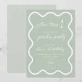 Sage groen wit golvende rand 1e verjaardagsfeest kaart (Voorkant / Achterkant)