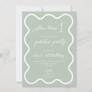 Sage groen wit golvende rand 1e verjaardagsfeest kaart